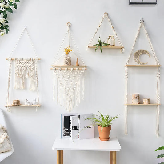 Add boho charm with the Macrame Wall Hanging Shelf. Perfect for plants, books, or decor, this stylish wooden shelf combines functionality and aesthetic appeal. Ideal for any bohemian-inspired space.