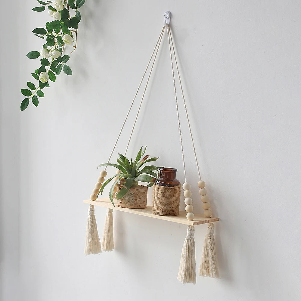 Macrame Wall Hanging Wood Shelf