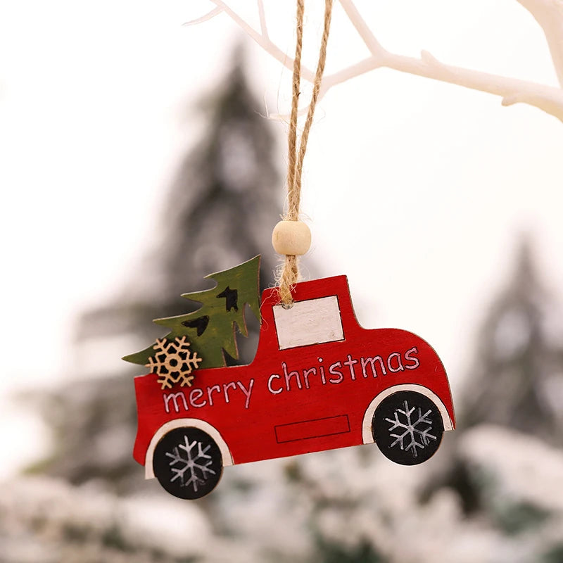 Add charm to your holiday decor with wooden Christmas ornaments in playful shapes like dogs, cars, and elk, perfect for a unique festive touch!