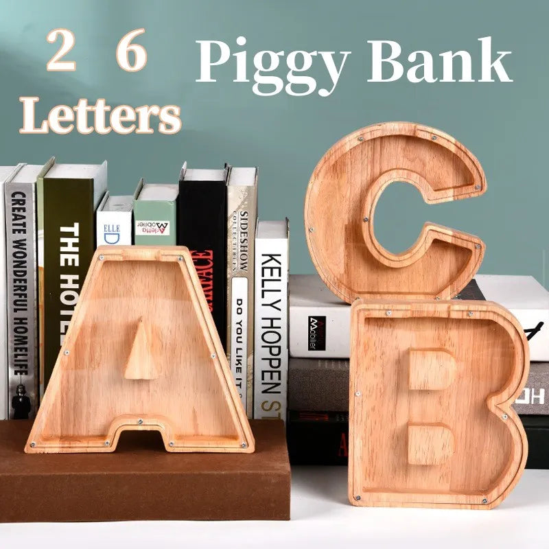 Add a personal touch to savings with our 26 Letters English Piggy Bank. Crafted from wood, it's a charming, customizable gift and stylish decor item.