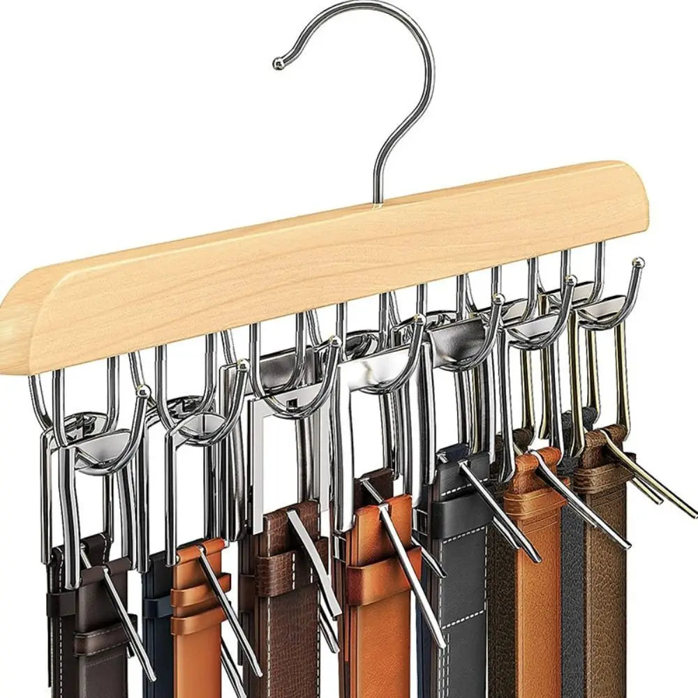 360° swivel belt hanger: 14 stainless steel hooks on solid schema wood. Versatile for belts, ties, scarves, and more. Compact size for efficient storage and easy access.