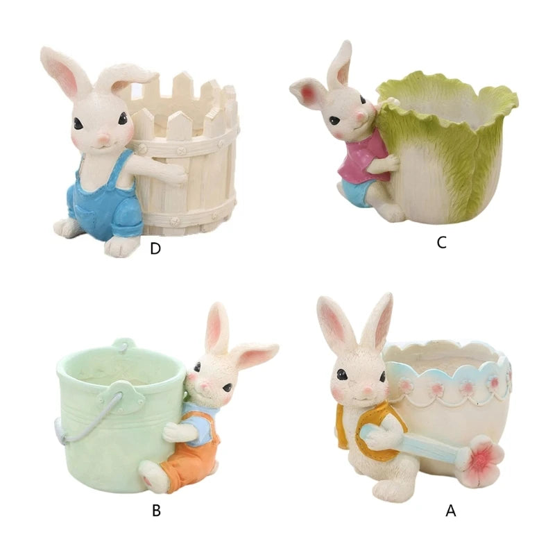 Discover our charming resin flower pots with adorable cartoon rabbit designs. Hand-painted for detail, these durable pots add whimsy to any space.