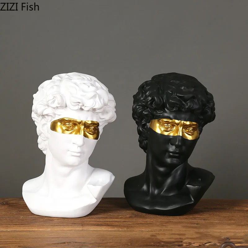 Gold Plated Resin David Mask Statue: Elevate your decor with this luxurious, blindfolded David statue. Crafted from high-quality resin, it adds sophistication and elegance to any space.