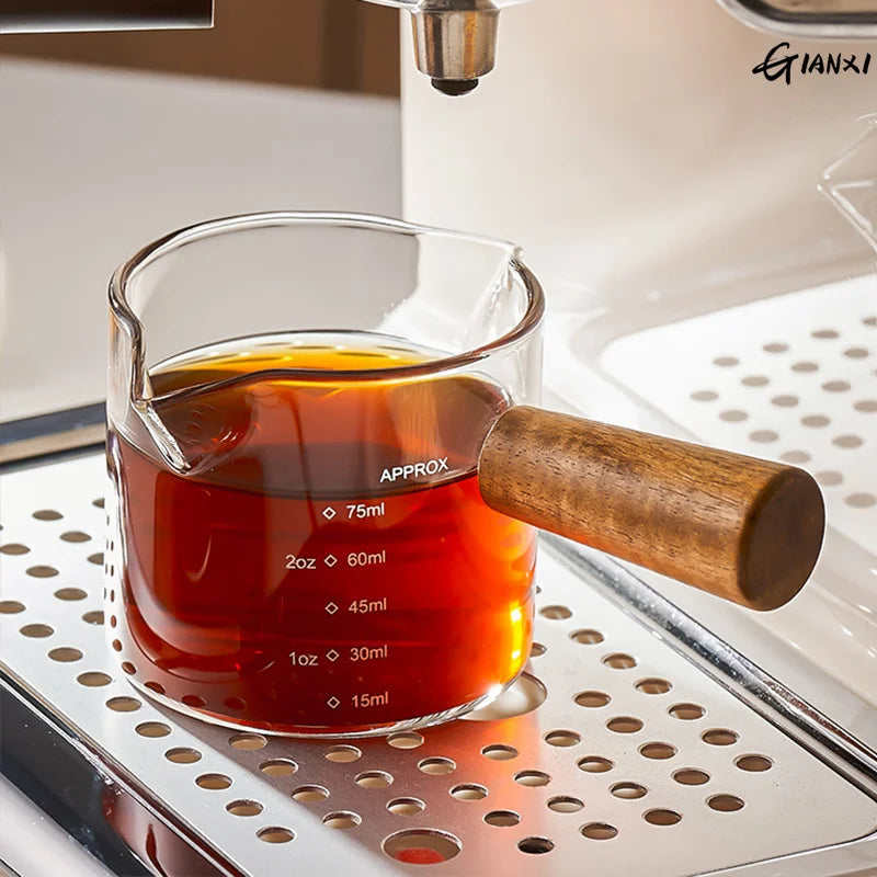 Wood Handle Glass Espresso Measuring Cup