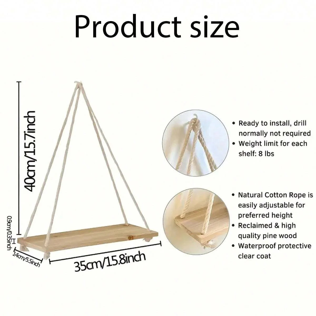 Wooden Swing Wall Shelf with Hemp Rope