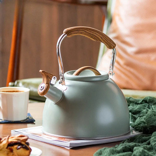 Enjoy tea time with our 3L Whistling Steel Teapot. Durable stainless steel, ergonomic handle, and vibrant green design. Perfect for all stovetops and camping trips.