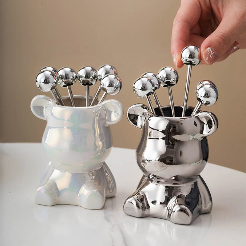 Stainless Steel Dessert Forks With Cute Bear Storage Jar