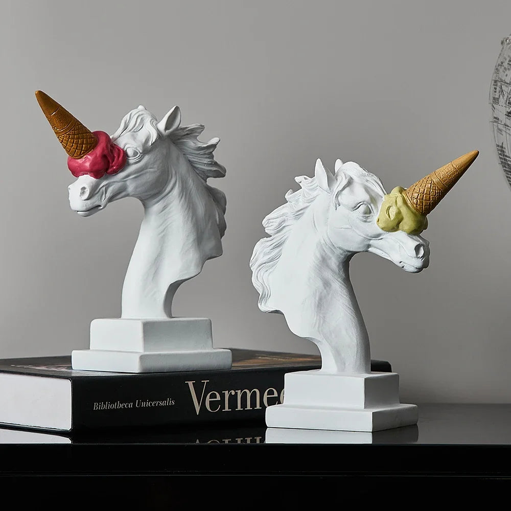 Bring a playful touch to your decor with this unicorn head statue featuring an ice cream cone horn. Crafted from resin with intricate details, it's perfect for whimsical spaces.