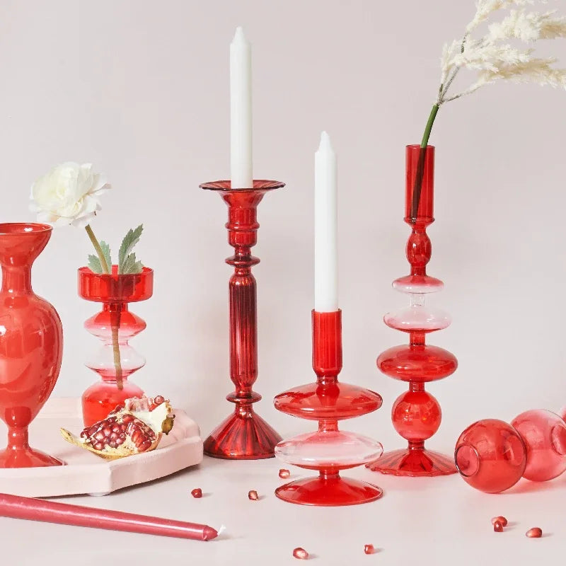 Add festive elegance with the Creative Red Glass Taper Candle Holder. Perfect for Christmas, weddings, or home decor, also doubles as a charming vase.