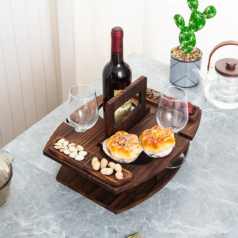 Indulge in rustic charm with our Wooden Wine and Glass Holder and Charcuterie Board. Handcrafted, it features a built-in wine stand, glass holders, and wooden bowls. Perfect for any occasion!