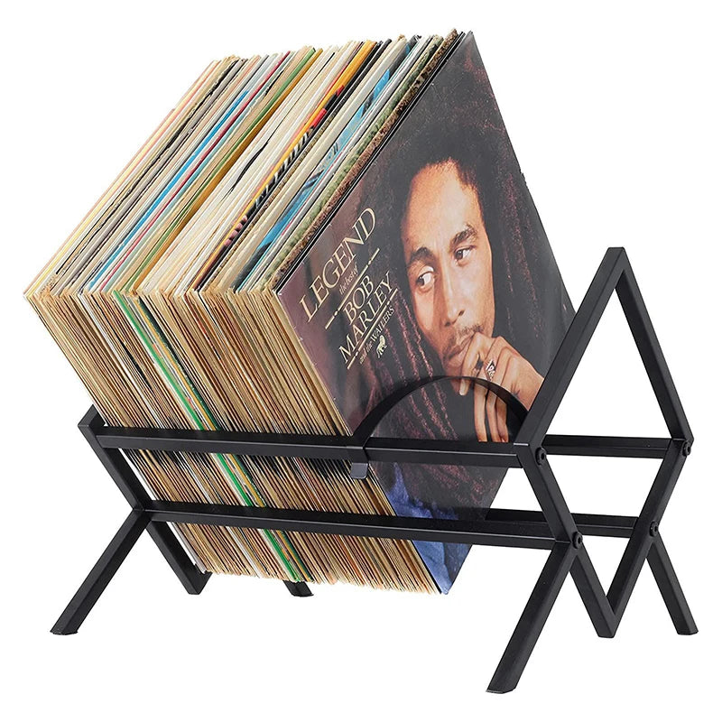 Stainless steel vinyl record holder: Elegant black finish, holds up to 80 records. Stylish and practical, perfect for music lovers and vinyl enthusiasts.