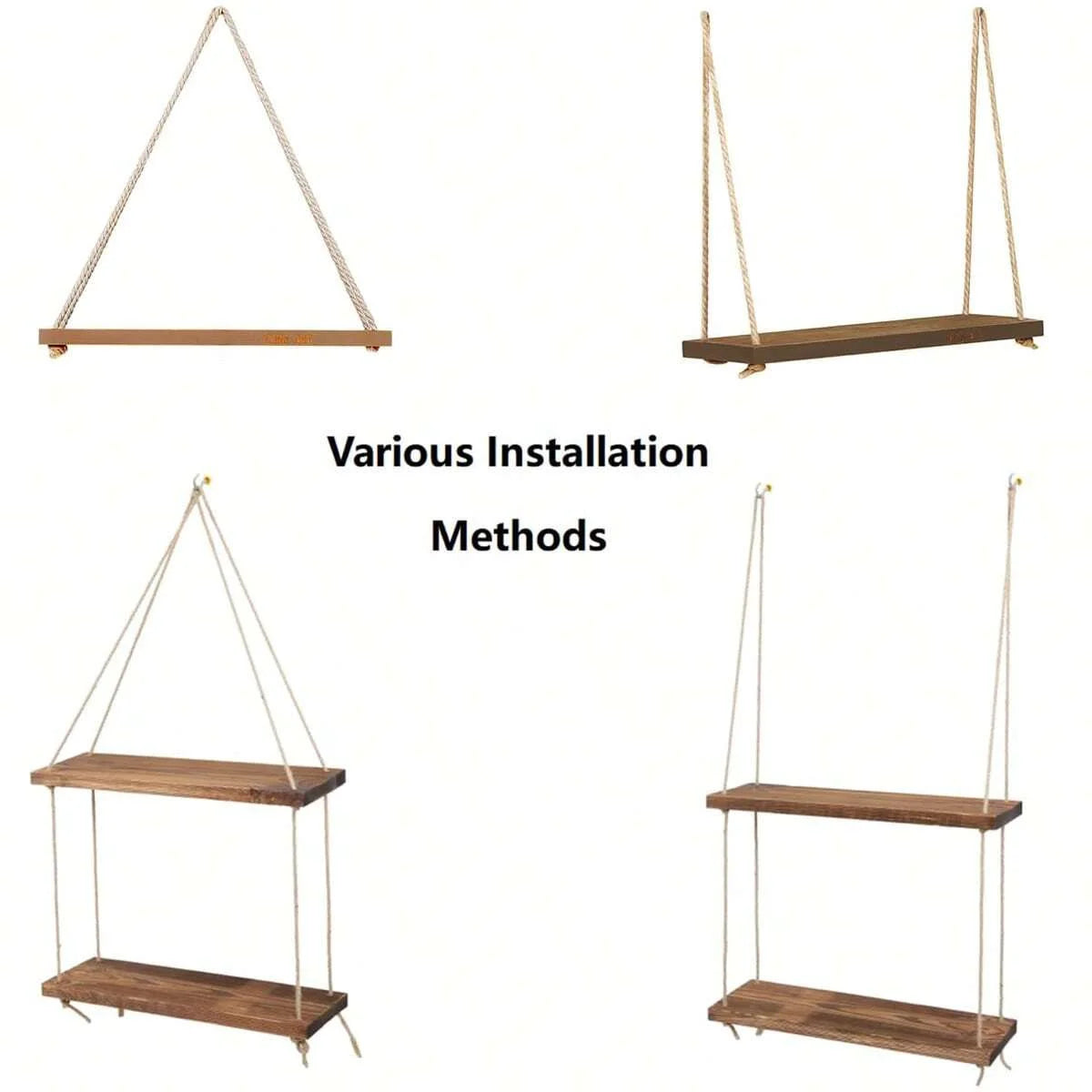 Wooden Swing Wall Shelf with Hemp Rope