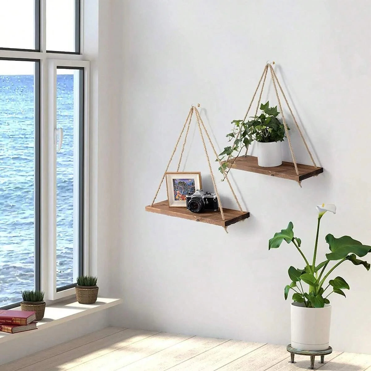 Wooden Swing Wall Shelf with Hemp Rope