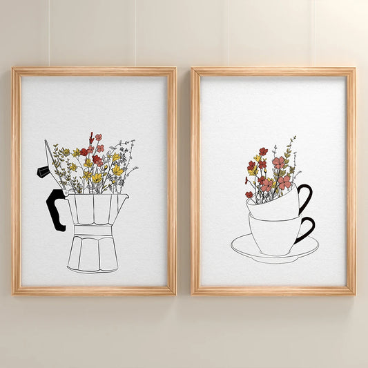 Embrace your love for coffee with our charming canvas painting featuring cups and flowers, perfect for adding a modern Nordic aesthetic to your home or coffee shop.