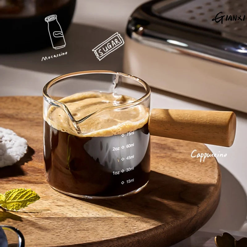 Wood Handle Glass Espresso Measuring Cup