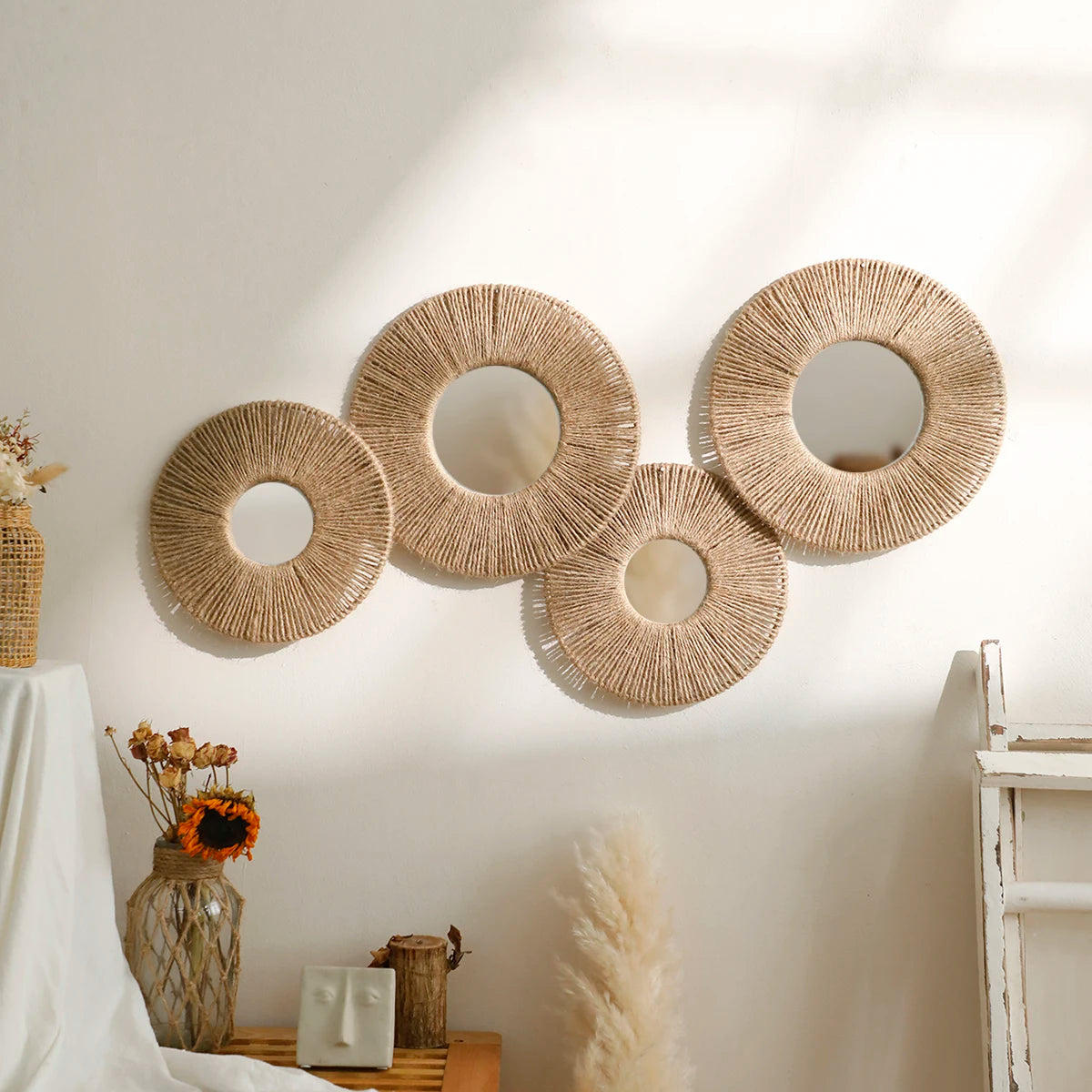 Discover a versatile circle wall-mounted mirror with boho charm, perfect for farmhouse and eclectic interiors. Ideal for bedrooms, living rooms, and bathrooms.