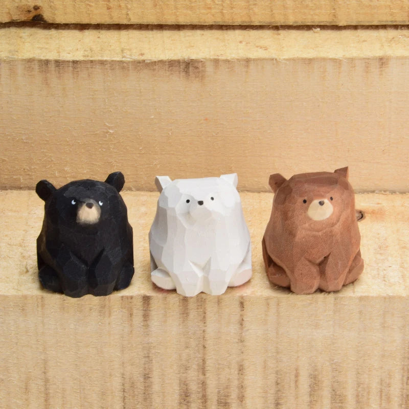 Adorable handmade wooden bear figurines, crafted from premium wood. Perfect as kids' gifts or charming shelf decor, available in brown, white, and black.