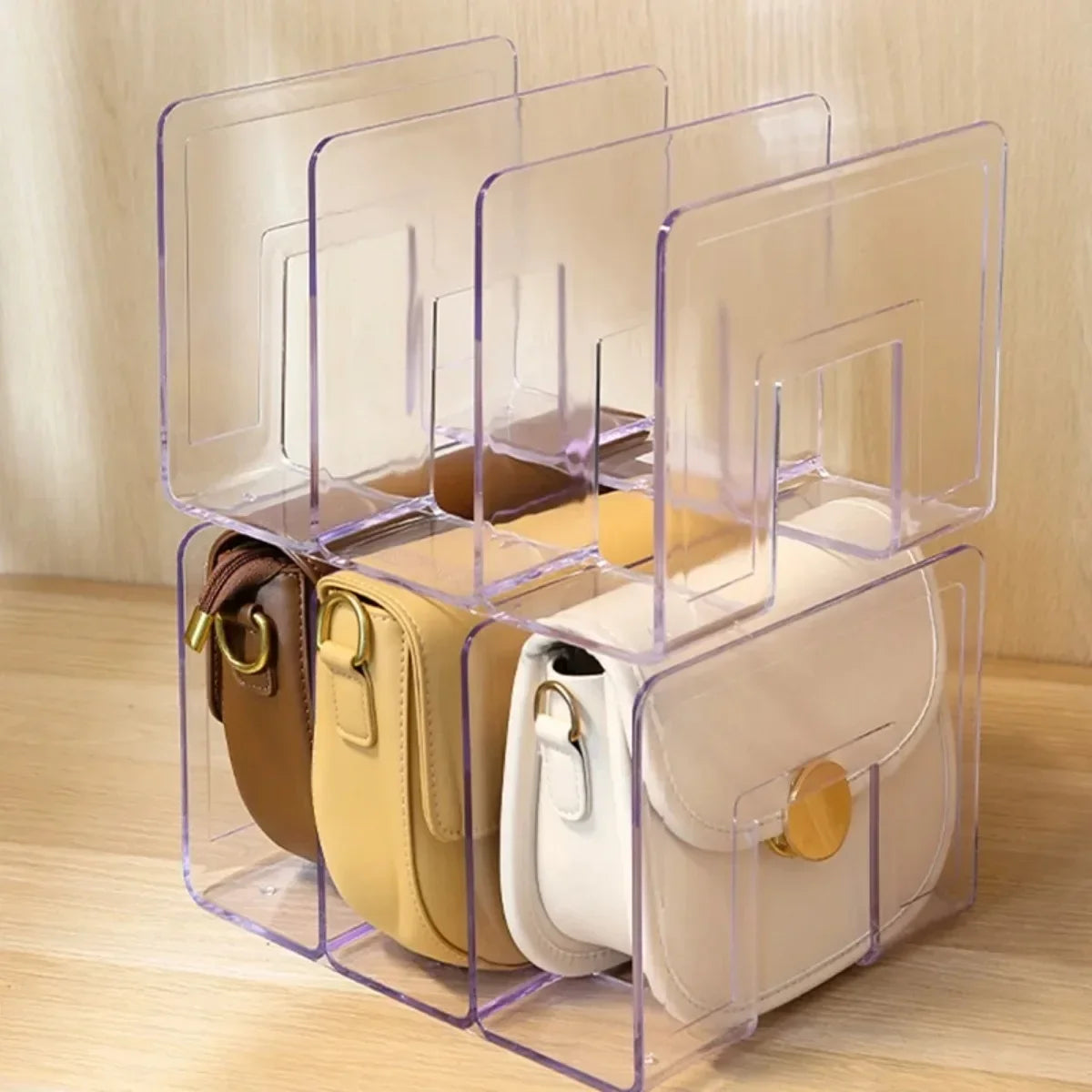 Transparent bag storage rack: High-capacity, stackable, and easy-access design. Made from durable thickened plastic. Available in 4-grid (32x13x14.5 cm) and 3-grid (26x16.5x21 cm) sizes.