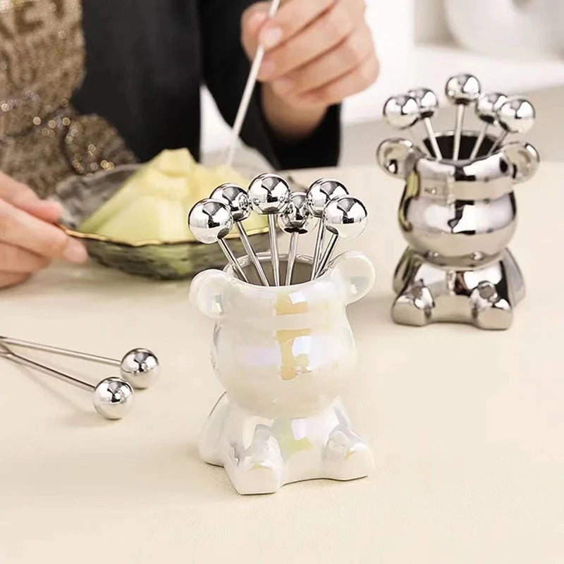 Stainless Steel Dessert Forks With Cute Bear Storage Jar