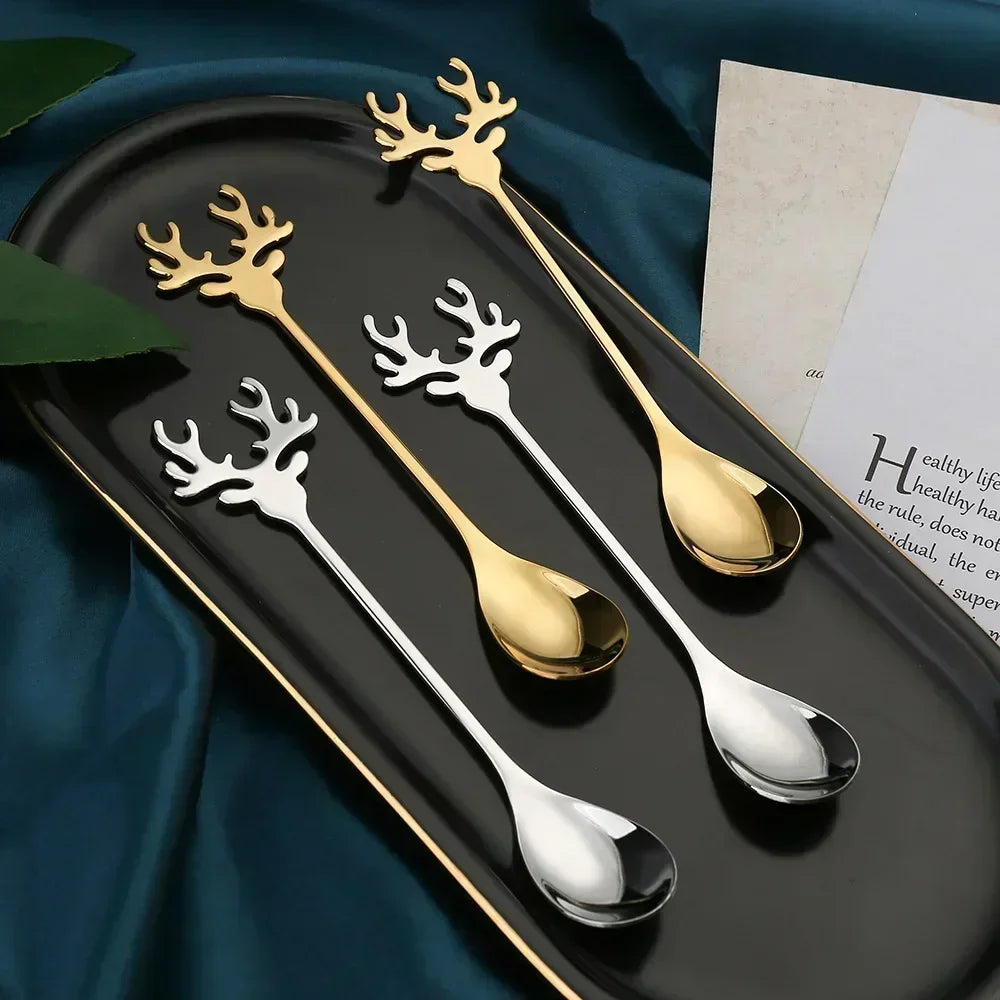 Christmas Elk Head-Shaped Stainless Steel Coffee Spoons