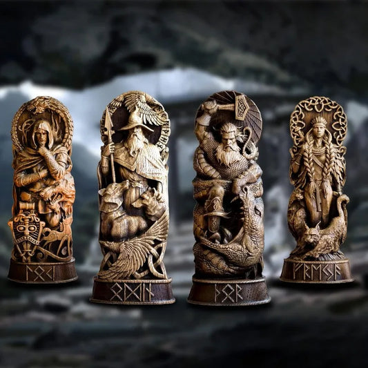 Approx. 20x9.5x4.5 cm Description: Add mystique to your space with the Nordic Gods Pantheon Sculpture. Crafted from high-quality resin, it beautifully fits on any bookshelf or desk, embodying Viking lore.