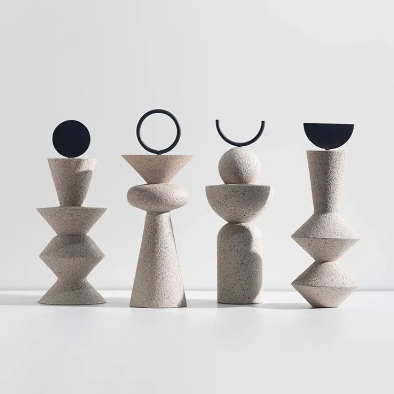 Elevate your decor with abstract geometric sandstone statues, crafted from durable resin and iron. Perfect for any room or as a thoughtful gift.