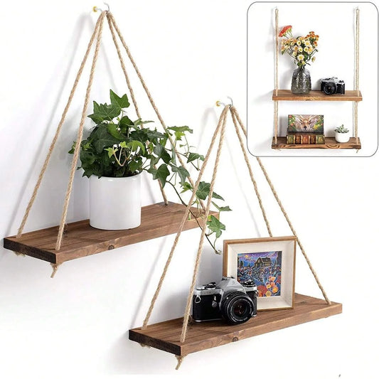 Enhance your space with the 1PC Wooden Swing Hanging Hemp Rope Wall Shelf. Rustic charm meets functionality with a wooden tray and durable hemp rope.