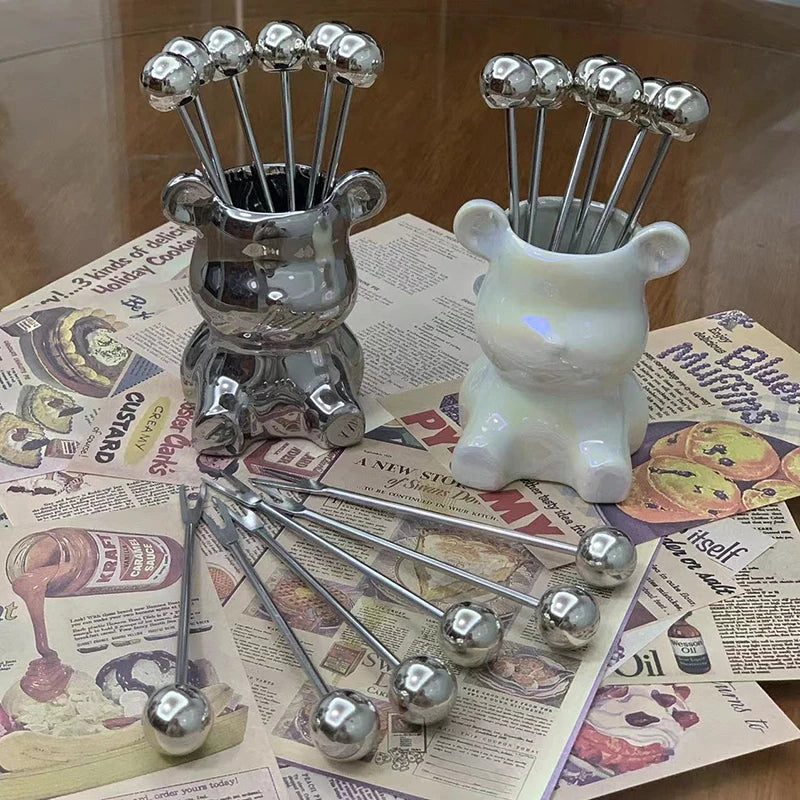 Stainless Steel Dessert Forks With Cute Bear Storage Jar