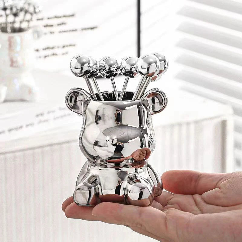 Stainless Steel Dessert Forks With Cute Bear Storage Jar