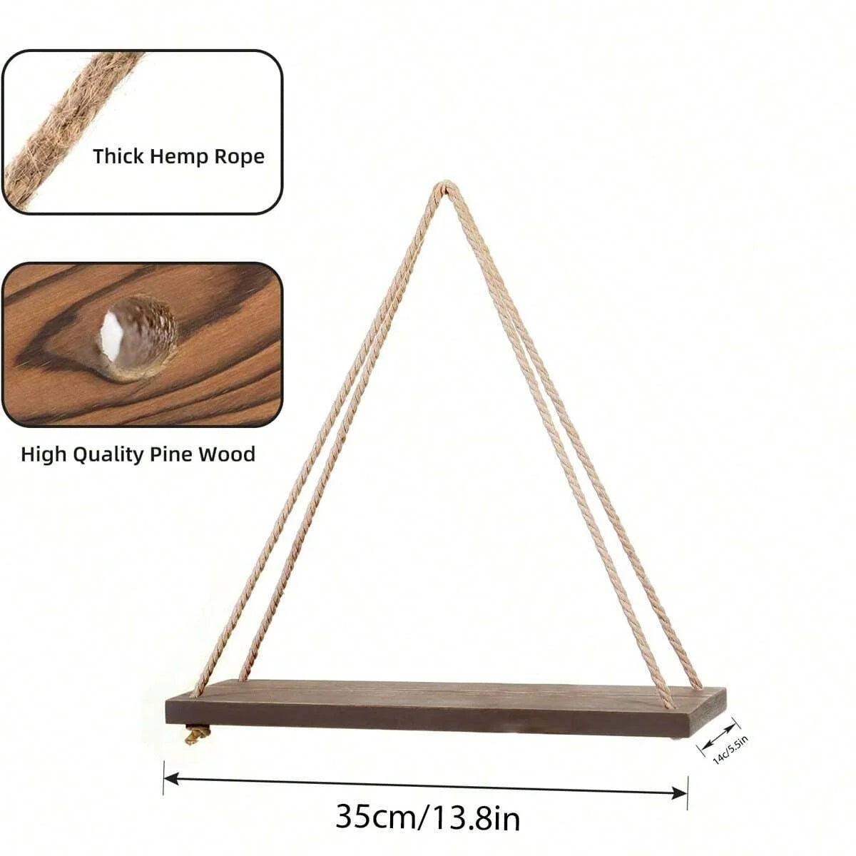 Wooden Swing Wall Shelf with Hemp Rope