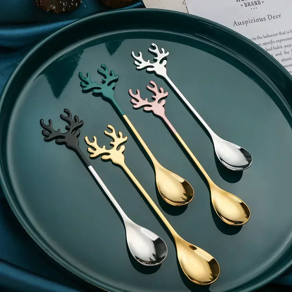 Christmas Elk Head-Shaped Stainless Steel Coffee Spoons